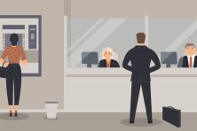 This graphic shows a person at the ATM inside a bank and a man interacting with a bank teller.
