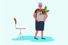 A female senior citizen leaves with a box of her belongings to represent being laid off from her job in this illustration.