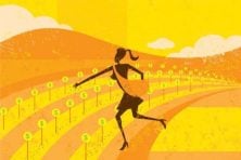 A woman grows money on a farm in this illustration.