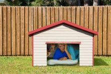 A man sleeps in the doghouse with his dog in their backyard.