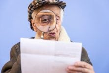 A woman uses a magnifying glass to look at a letter.