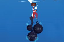 This illustration shows a man swimming up form his debt.