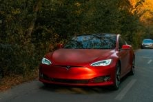 Parked red Tesla