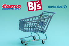 A grocery cart is empty with Costco, Bj's and Sam's Club logo.
