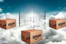 Amazon boxes sit on top of clouds in heaven in this photo illustration.