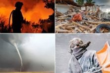 This quad of images shows a firefighter putting out a wildfire, the aftermath of a house collapse from a hurricane, a tornado forming in a corn field and a man braving a blizzard to shovel snow.
