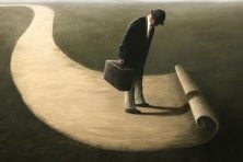A man walks along a path that is unraveling before his eyes in this illustration. The path is against green grass. This is meant to represent moving on after death.