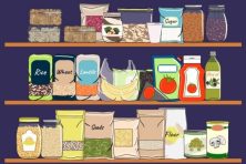 This graphic shows items on a shelf that include grains, beans and pasta.