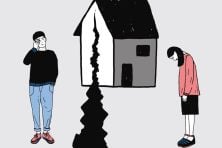 This illustration shows a split home with two unhappy people on each side of the split. It represents divorce.