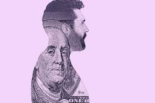A side profile of a man is shown with a $100 bill in his reflection.