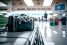 A bag sits unclaimed in baggage claim.