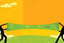 Two men stretch an oversized dollar in this photo illustration. This story goes over how to stretch your money when you're out of work.