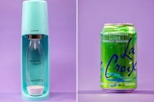 SodaStream and a can of soda water are pictured side by side.