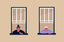 Two adults sit inside an apartment with their windows up looking out into the world in this illustration.