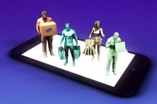 Gig workers emerge from a phone in this photo illustration.