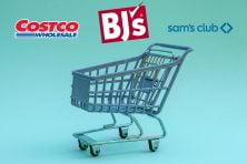 A grocery cart is empty with Costco, Bj's and Sam's Club logo.