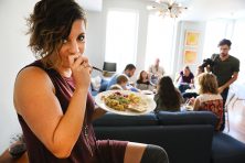 a woman eating thanksgiving food
