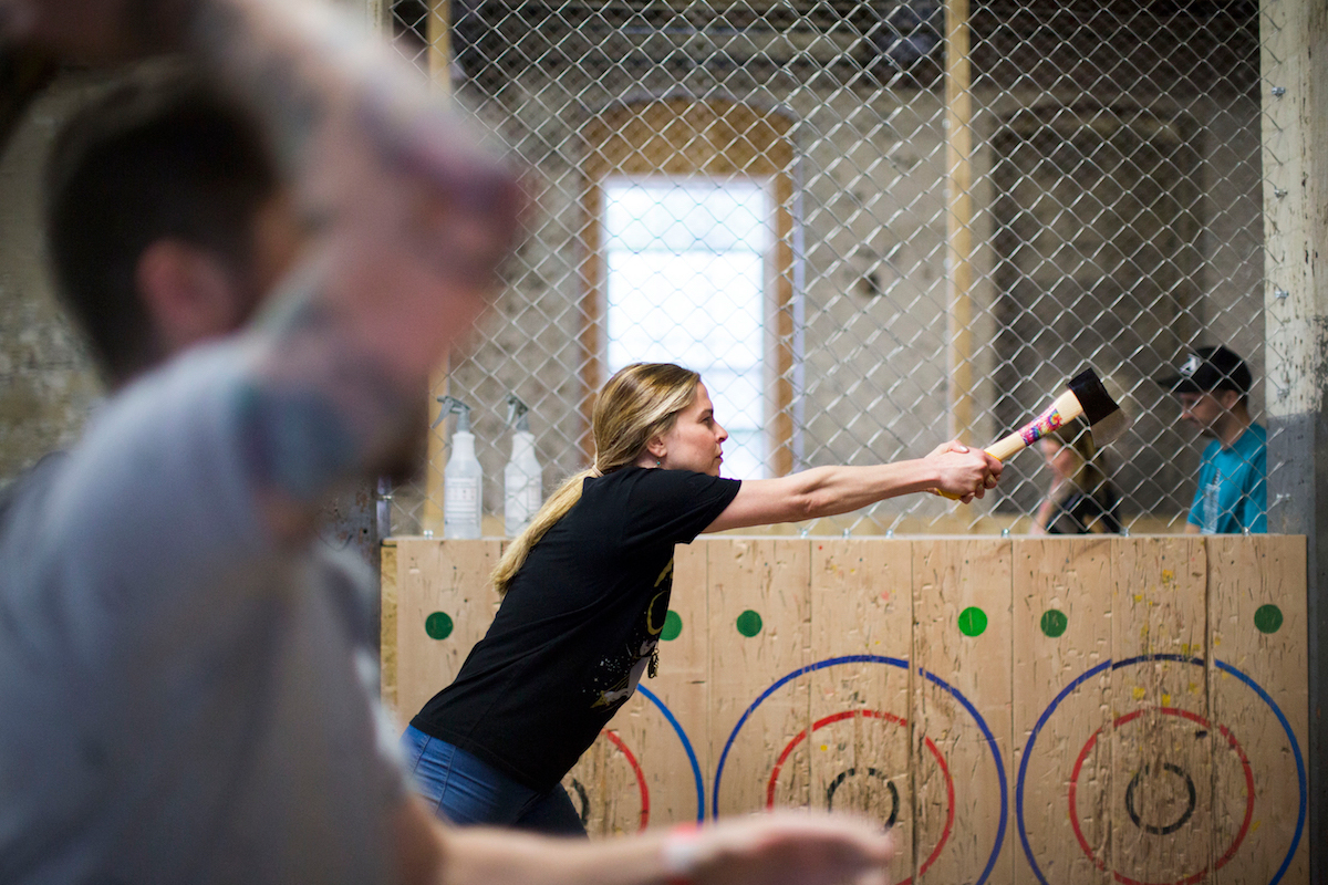 Lily Cope, Axe Master General, throws in her first league match at Urban Axes in Philadelphia, Pennsylvania on June 24, 2017.