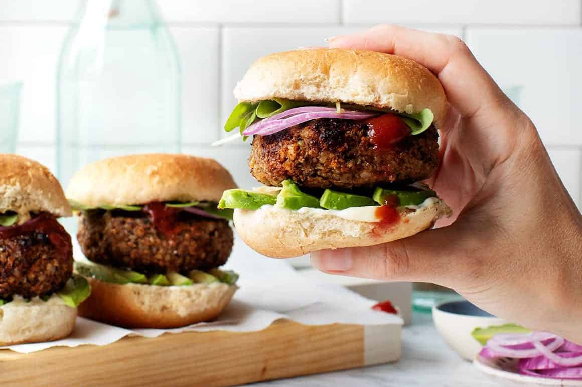 This is a photo of three veggie burgers.