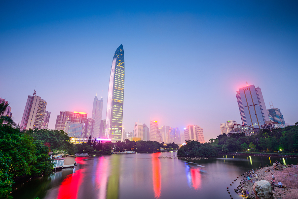 Shenzhen, China city skyline at Lychee Park.