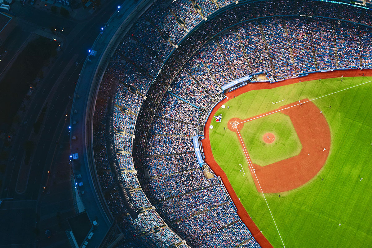 aerial view of baseball stadium packed with fans
