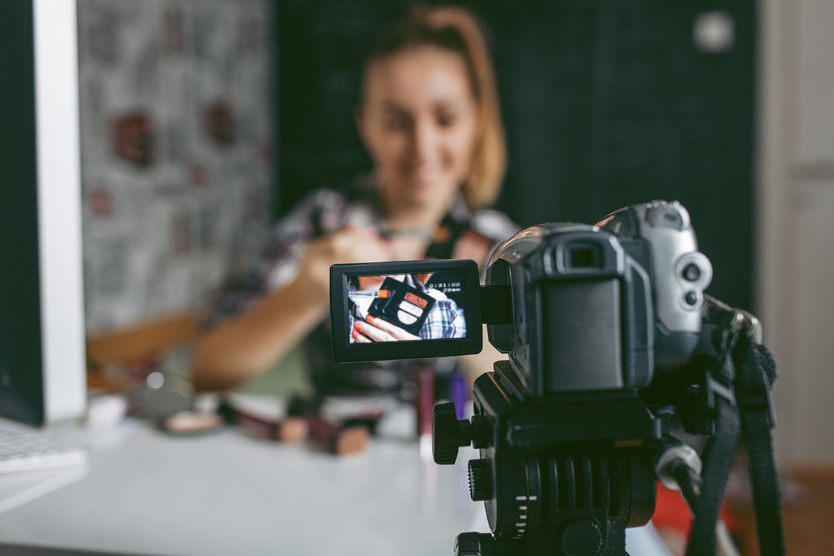 girl making her video blog about makeup.