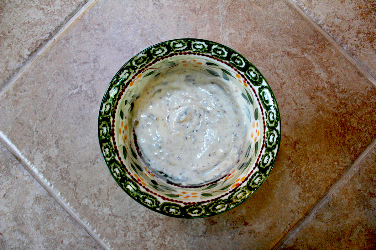 homemade tartar sauce in a decorative bowl