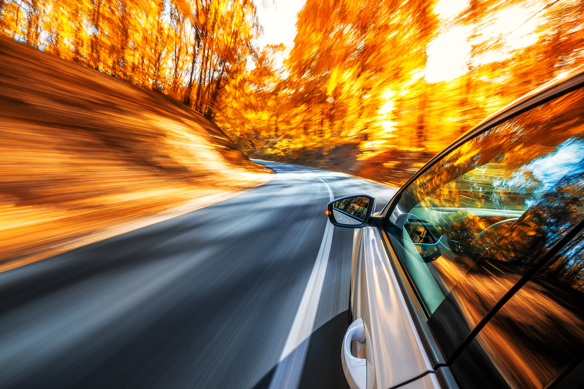 car driving on a street with trees on both sides