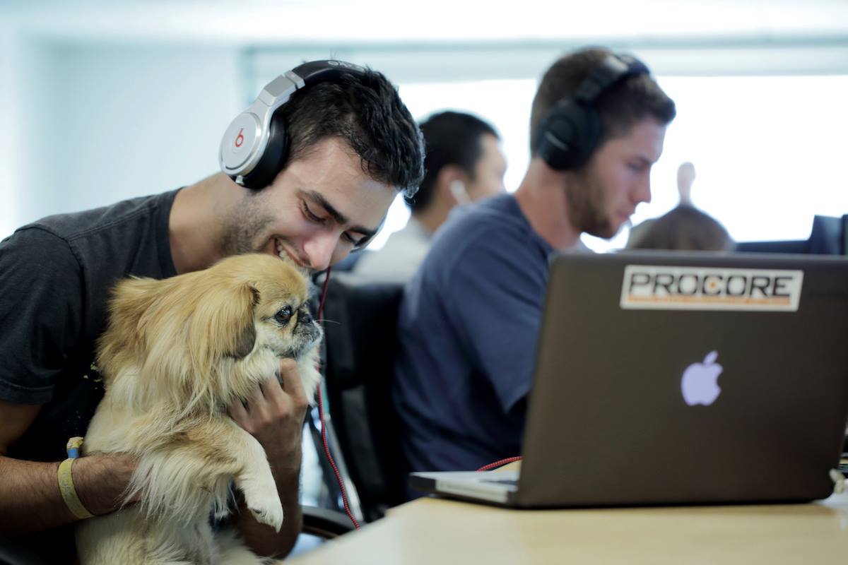 An engineer holds a dog inside his office.