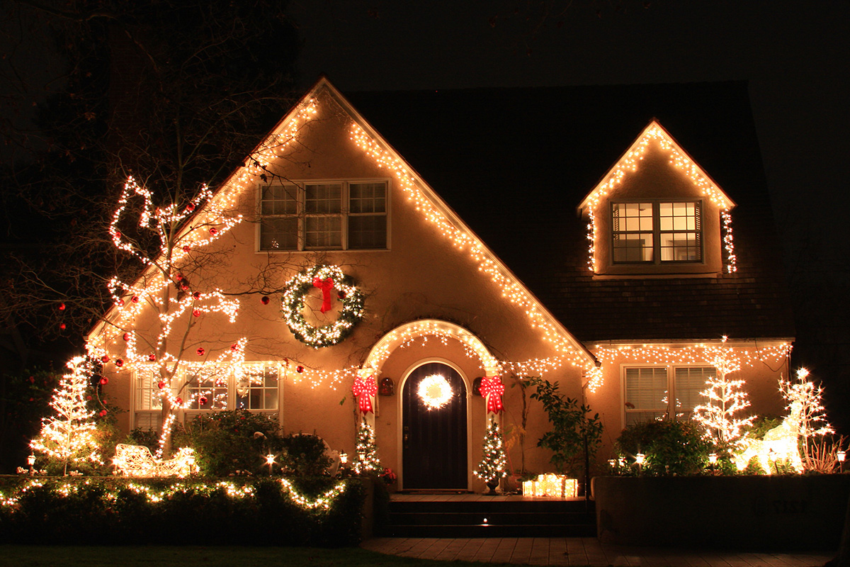 Home decorated with Christmas lights and decorations