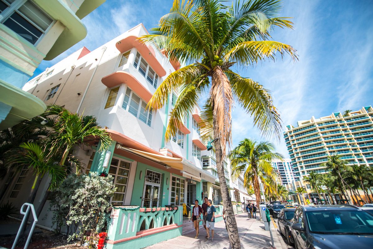 Miami Beach, USA - December 21, 2016: People walking on Ocean Drive, South beach.