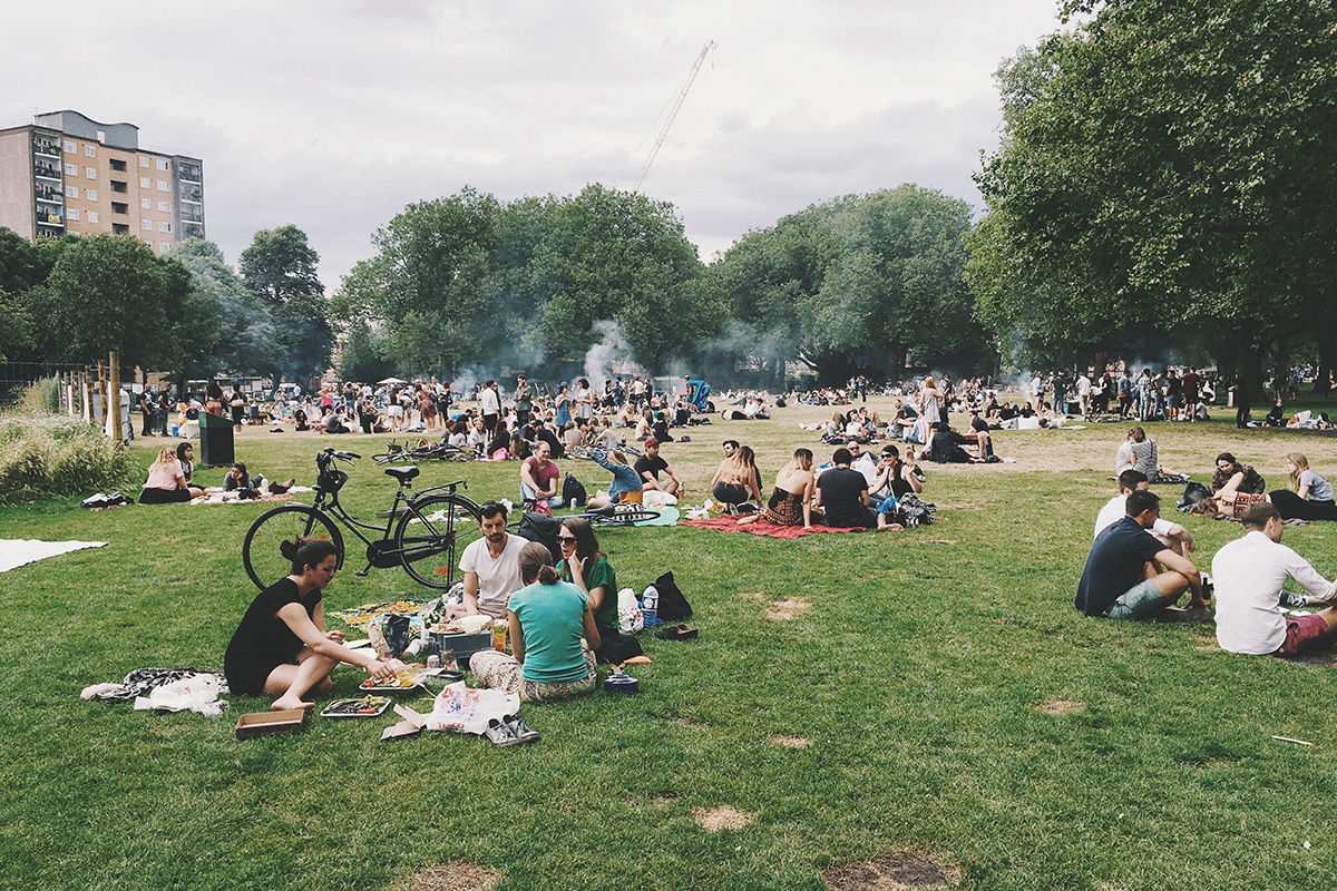 many people hanging out in a park