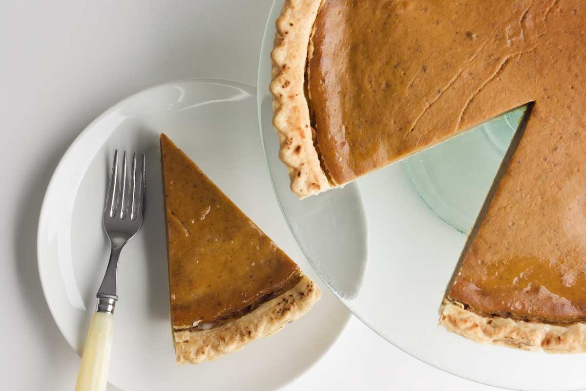 pumpkin pie with one slice cut out