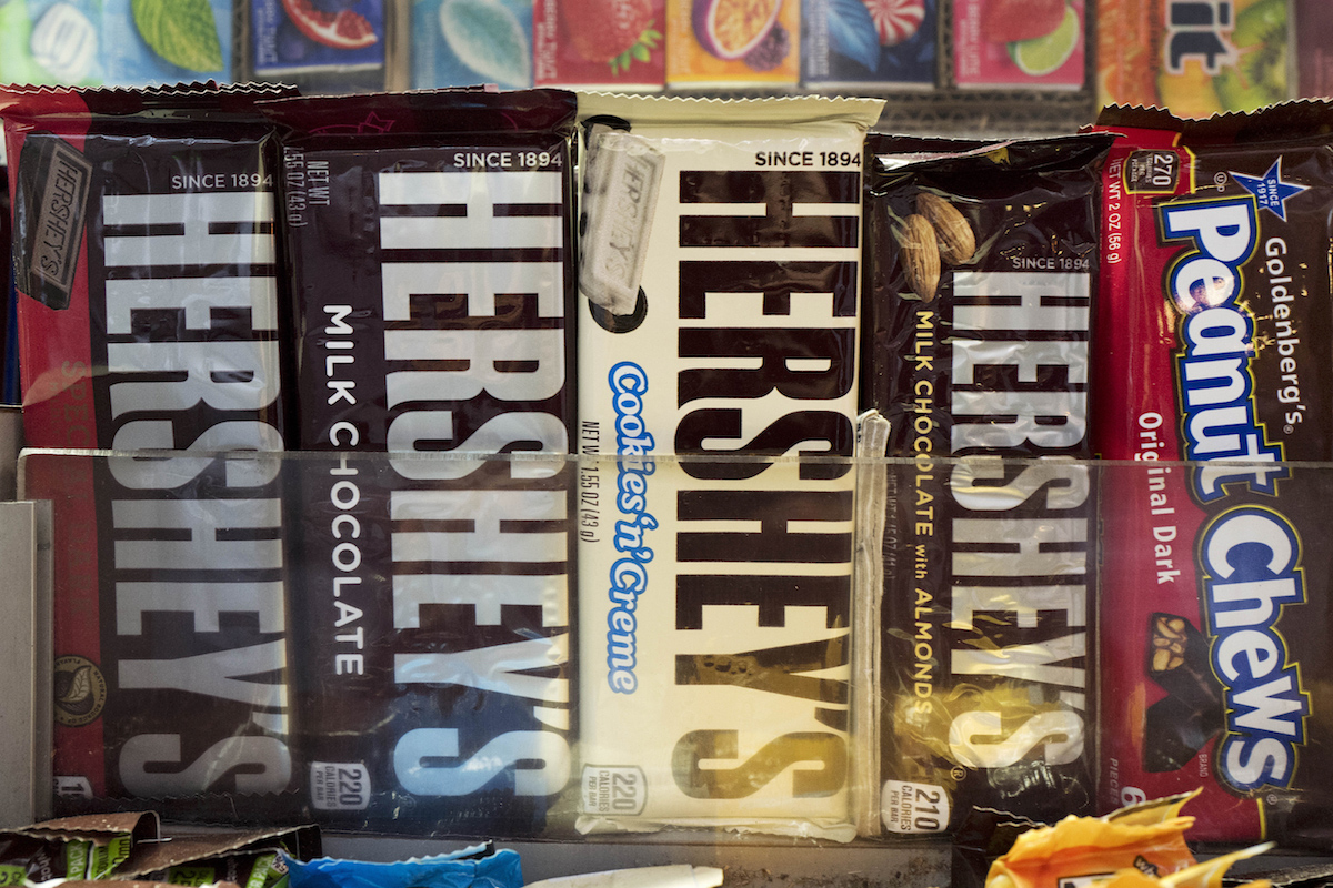 Hershey's chocolate bars are displayed on a newsstand in New York.