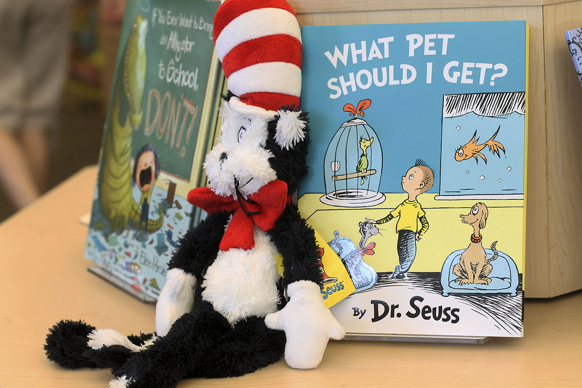 A plush “Cat in the Hat” toy is displayed next to “What Pet Should I Get?,” the latest book by Dr. Seuss, on July 28, 2015 at a bookstore in Concord, N.H.