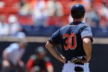 A close-up of a baseball player at a baseball game