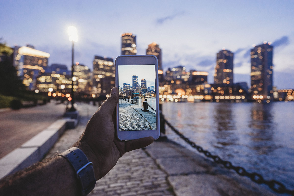 Photographing Boston skyline at sunset