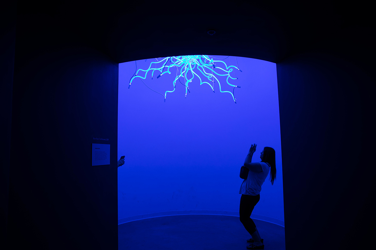 Woman takes a picture of blue glass art.