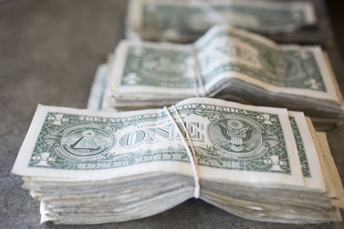 money organized on banking counter