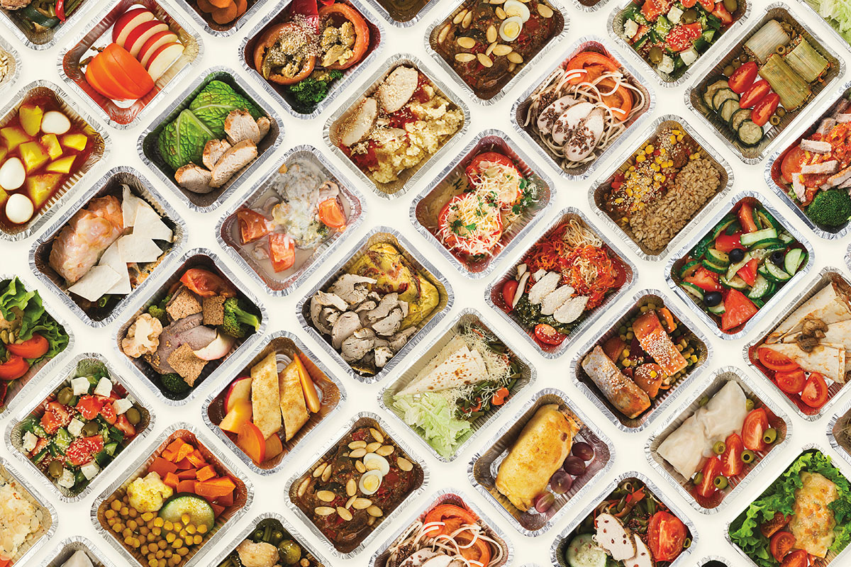 Food in takeout delivery containers like you might have delivered by Amazon restaurants.