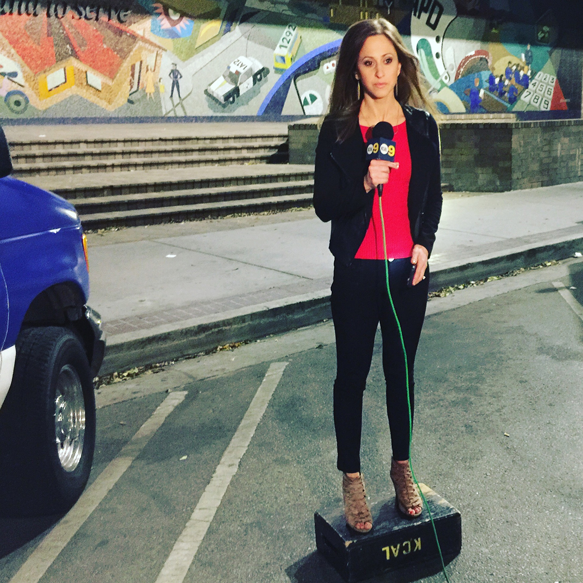 a woman who is a broadcast journalist holds a microphone and stand on a box while doing a live report.