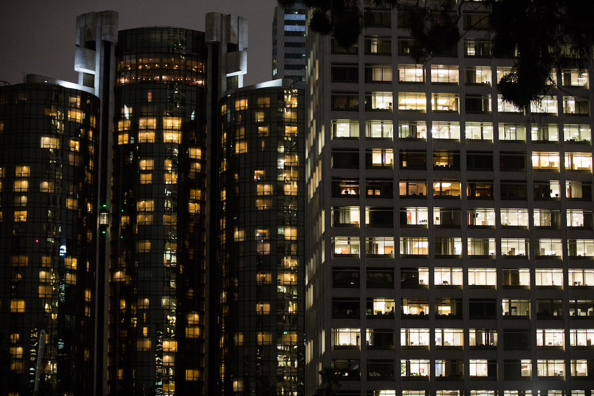 Night time view of a tall buildings in California.