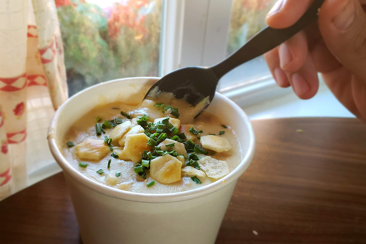 A styrofoam cup of chowder