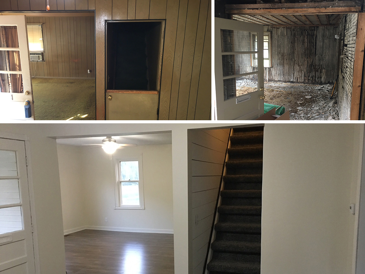 Before, during and after photos of a living area in a house that was fixed up.