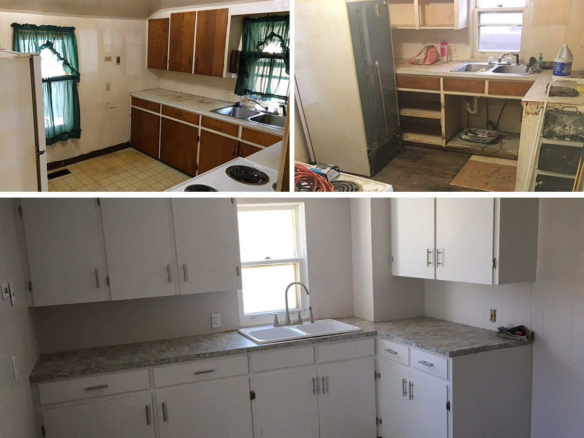 Before, during and after views of the kitchen in a house that was remodeled.