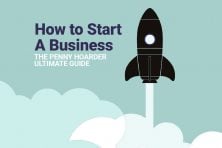 How to start a business graphic: rocket ship, clouds and blast off.