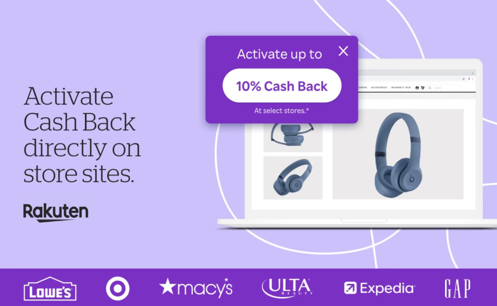 This screenshot shows examples of where you can earn cash back with Rakuten.