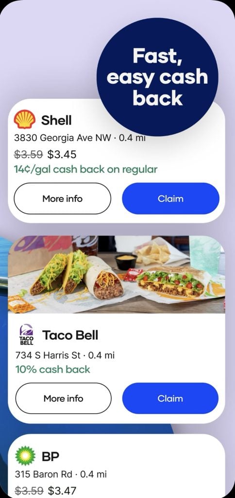 This screenshot shows possible cash back opportunities with Upside. 