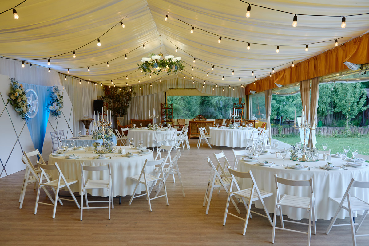 A reception venue at a wedding.