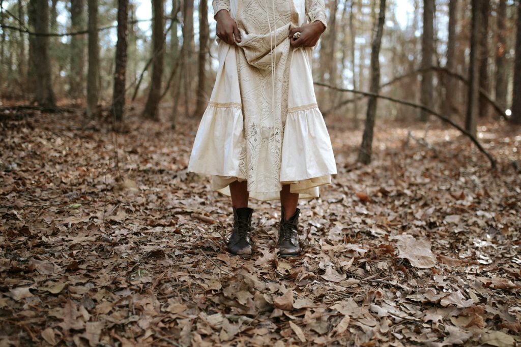 A woman wears a vintage dress for her wedding.